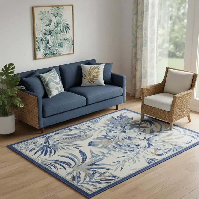 Ivory Blue And Brown Botanical Leaves Area Rug Photo 2