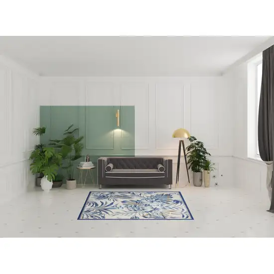 Ivory Blue And Brown Botanical Leaves Area Rug Photo 1