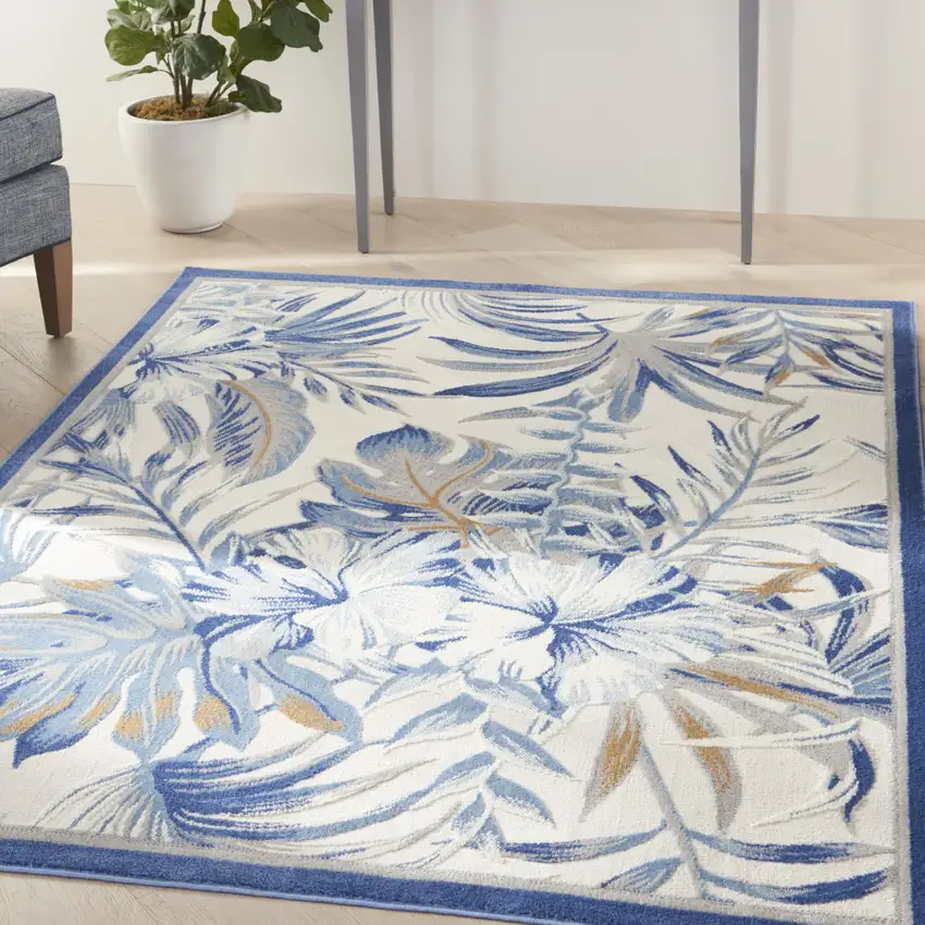 Ivory Blue And Brown Botanical Leaves Area Rug Photo 5