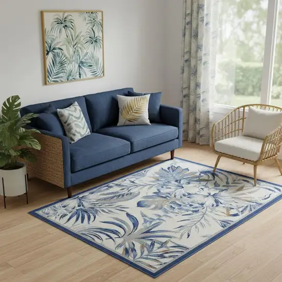 Ivory Blue And Brown Botanical Leaves Area Rug Photo 1