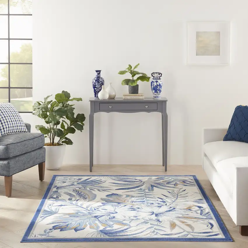 Ivory Blue And Brown Botanical Leaves Area Rug Photo 6