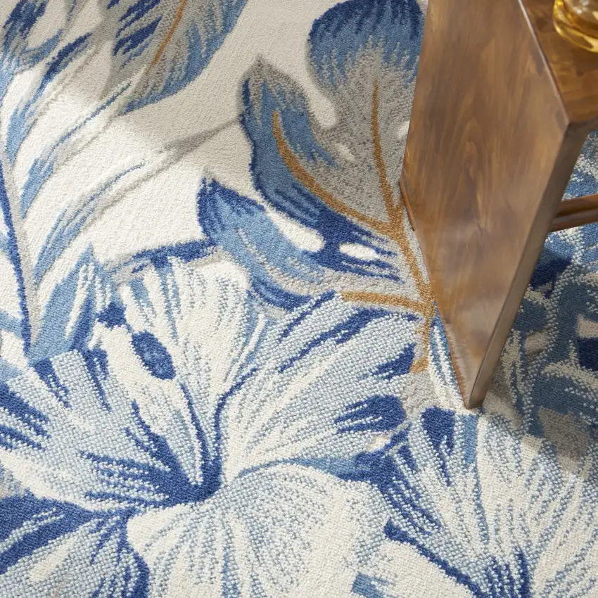 Ivory Blue And Brown Botanical Leaves Area Rug Photo 9