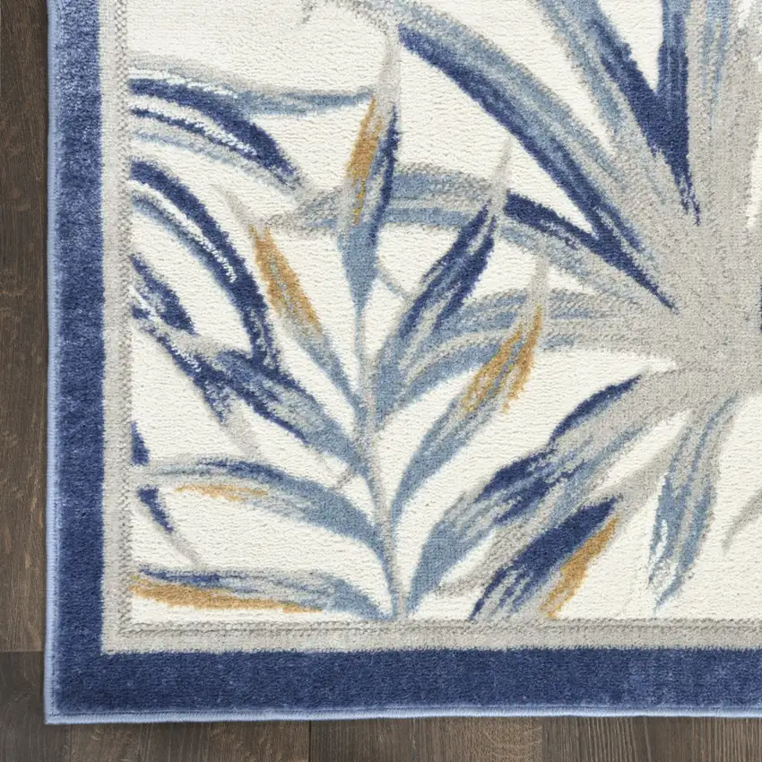 Ivory Blue And Brown Botanical Leaves Area Rug Photo 9