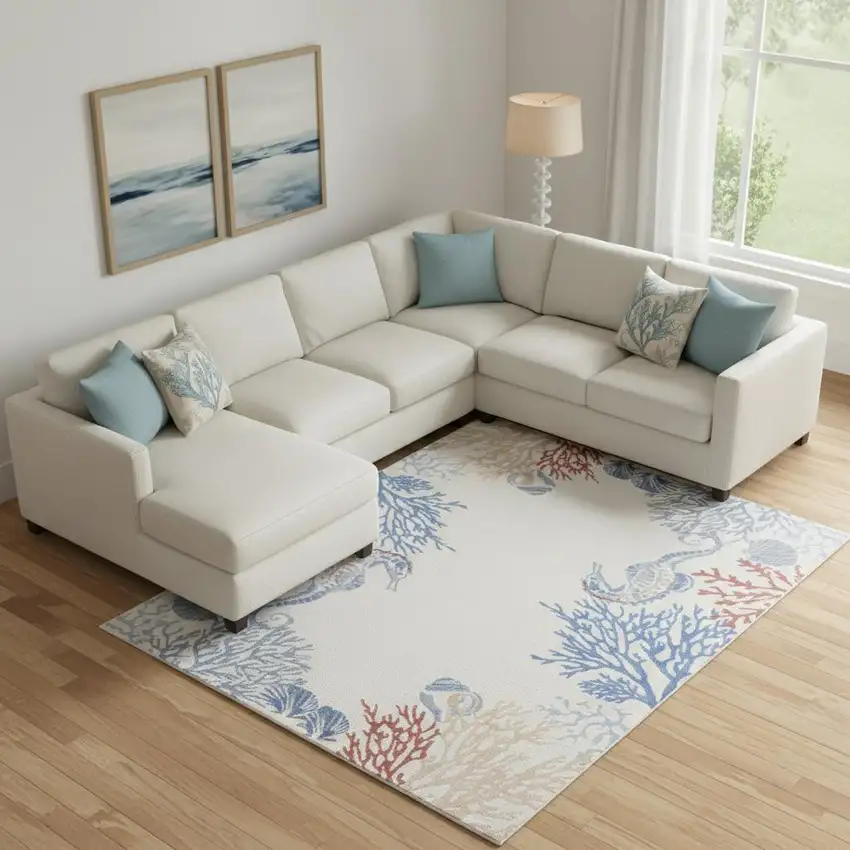 Ivory Blue And Brown Coral Area Rug Photo 1