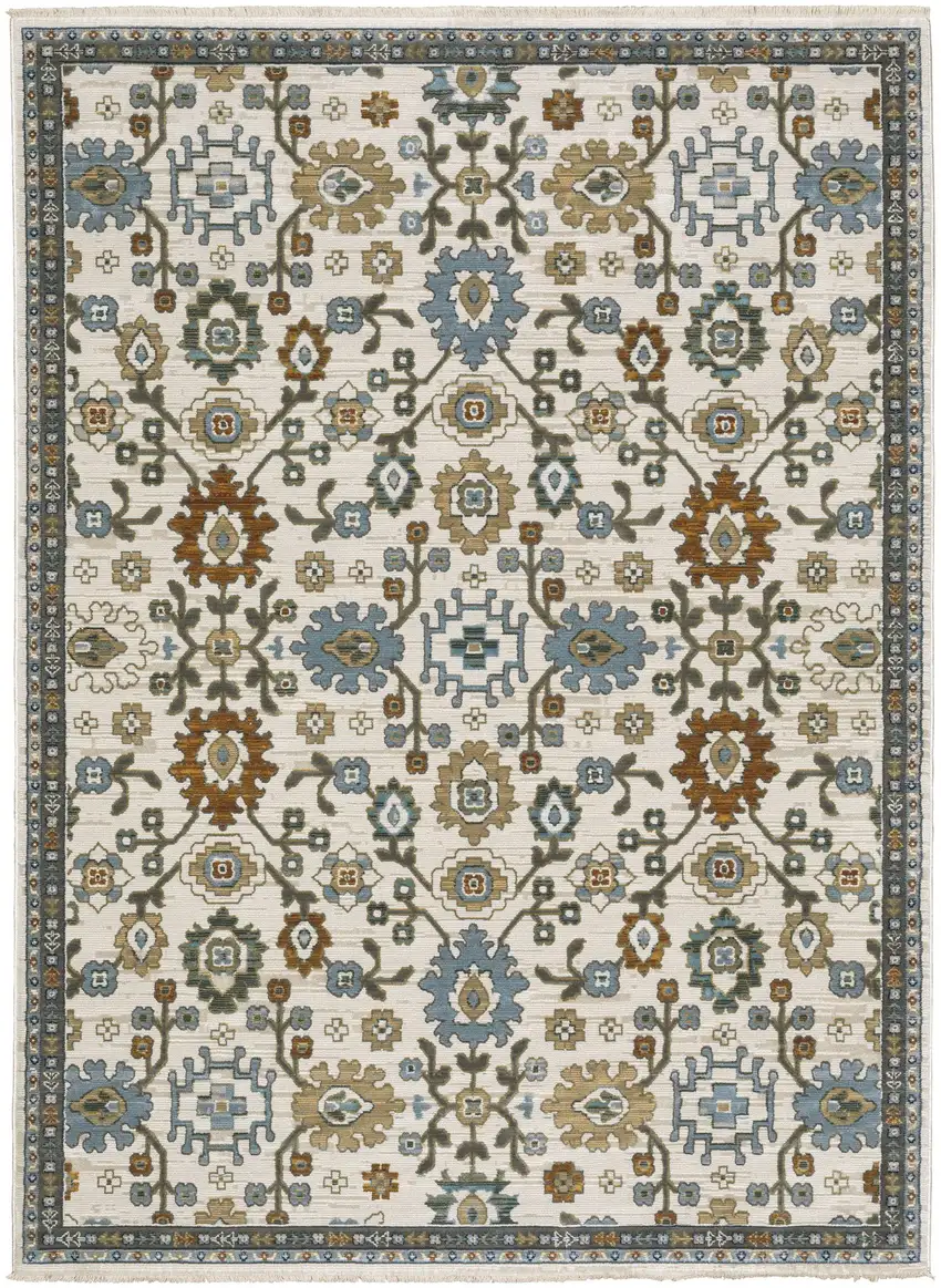 Ivory Blue And Brown Floral Area Rug With Fringe Photo 2