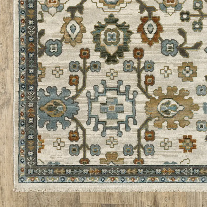 Ivory Blue And Brown Floral Area Rug With Fringe Photo 3