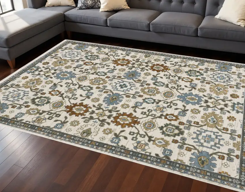 Ivory Blue And Brown Floral Area Rug With Fringe Photo 1