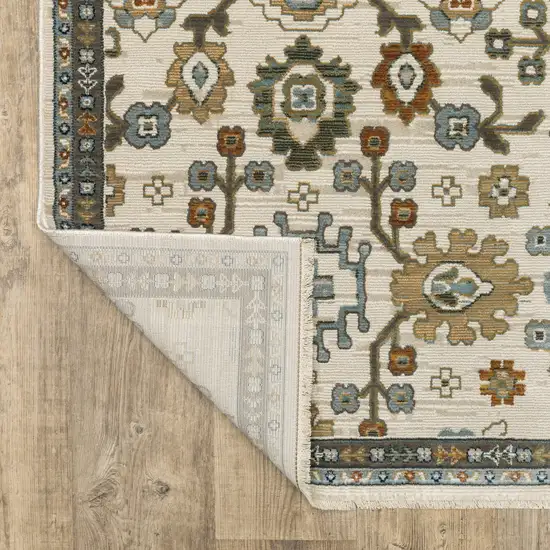 Ivory Blue And Brown Floral Area Rug With Fringe Photo 7