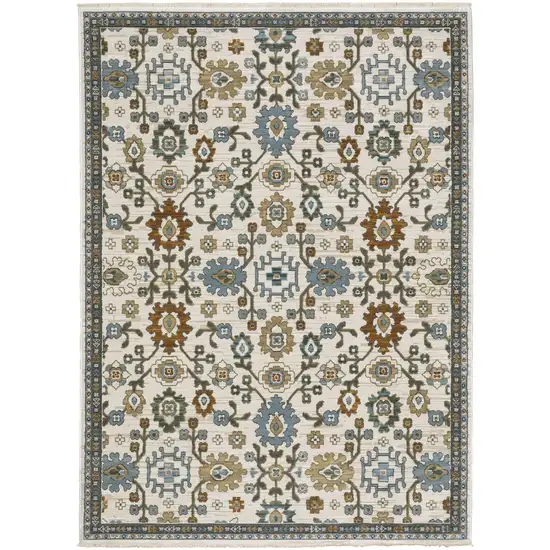 Ivory Blue And Brown Floral Area Rug With Fringe Photo 3