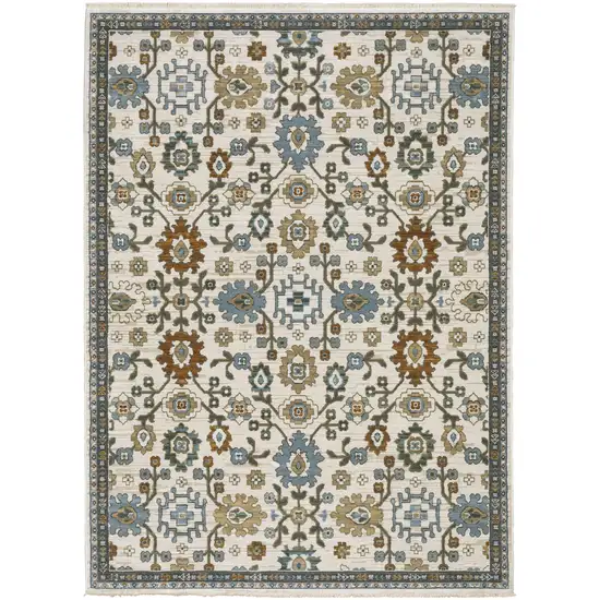 Ivory Blue And Brown Floral Area Rug With Fringe Photo 2