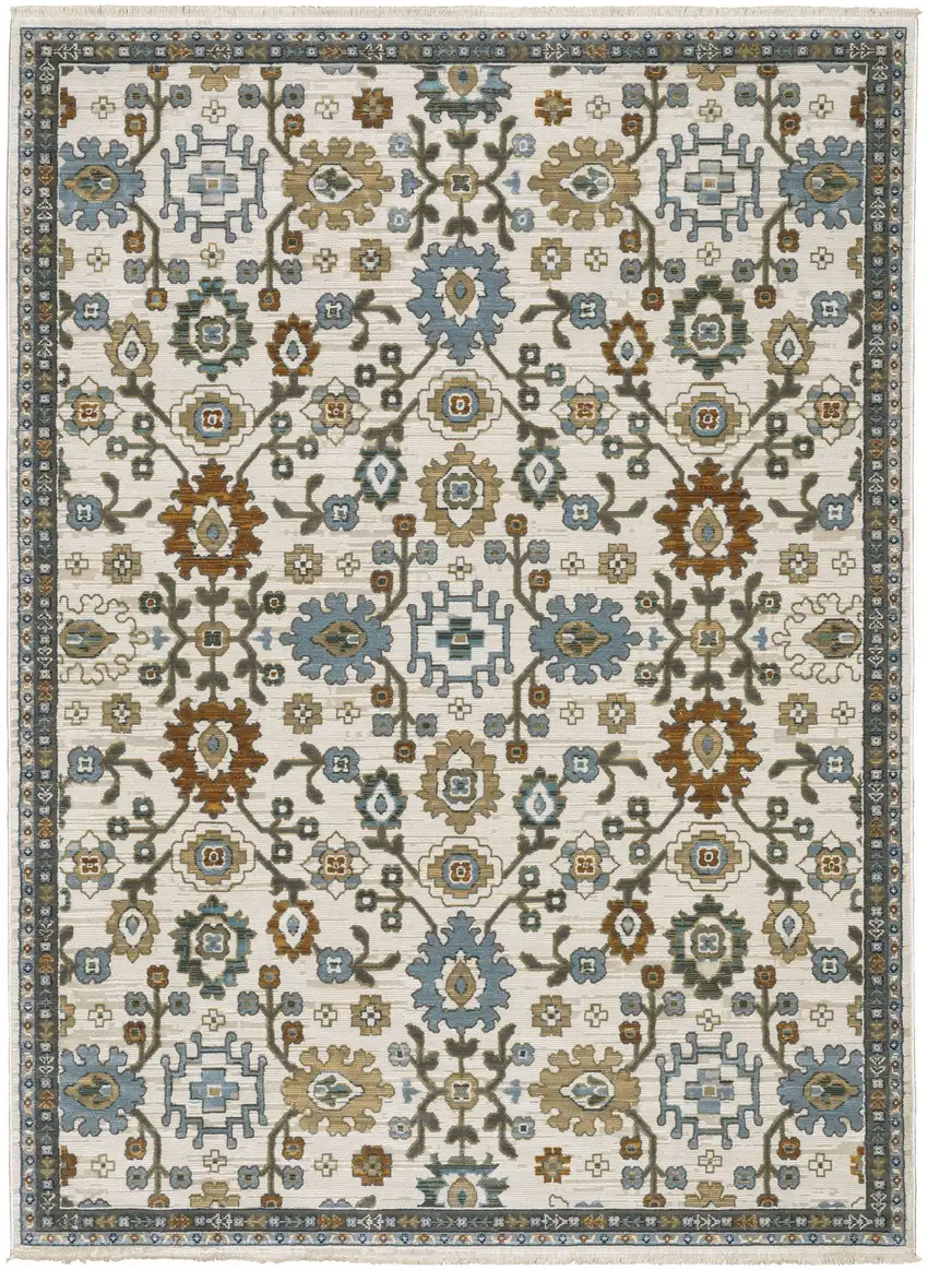 Ivory Blue And Brown Floral Area Rug With Fringe Photo 2