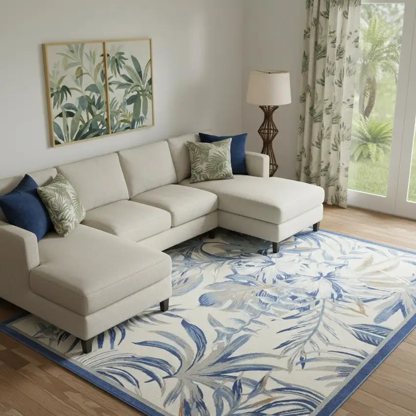 Ivory Blue And Brown Floral Area Rug Photo 1