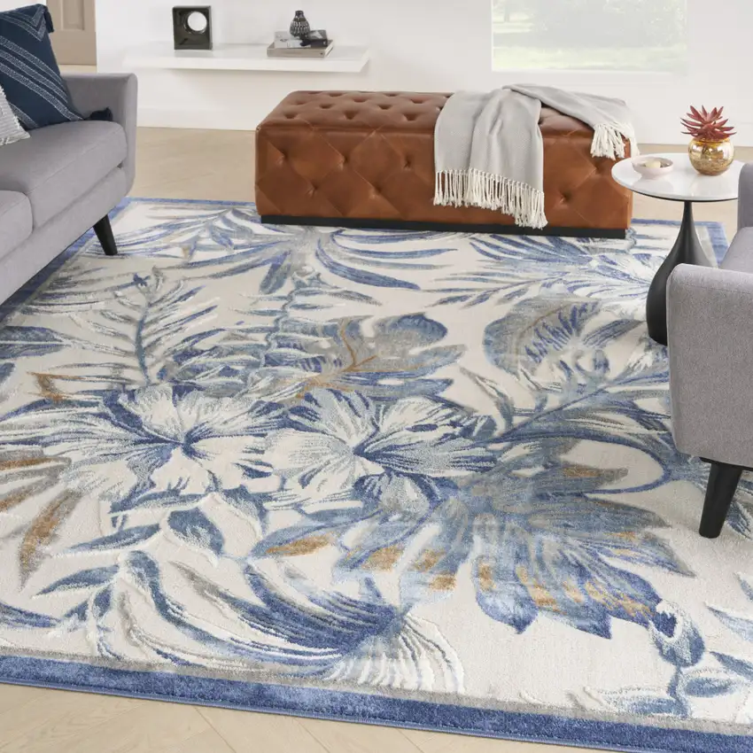 Ivory Blue And Brown Floral Area Rug Photo 5