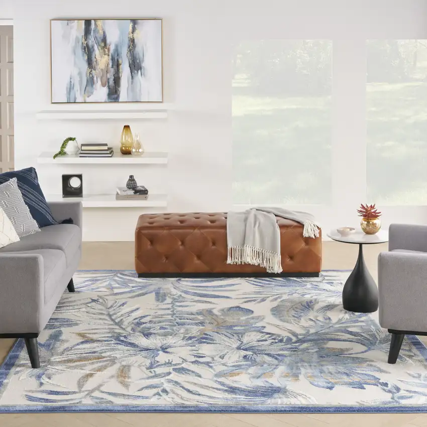 Ivory Blue And Brown Floral Area Rug Photo 6