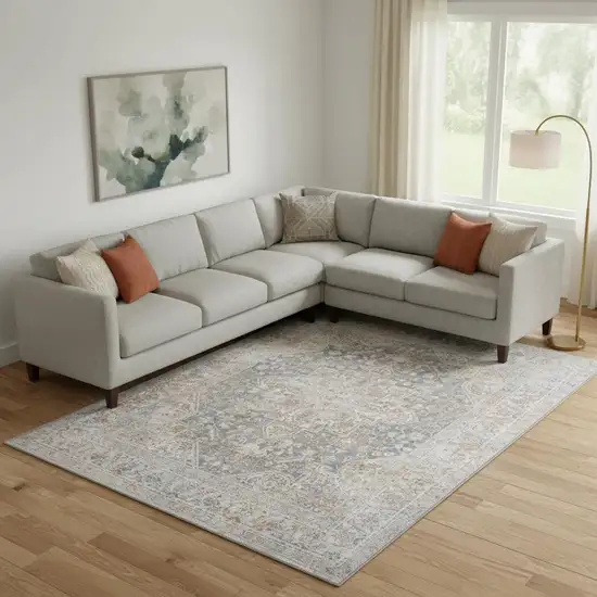 Ivory Blue And Brown Medallion Distressed Area Rug Photo 1