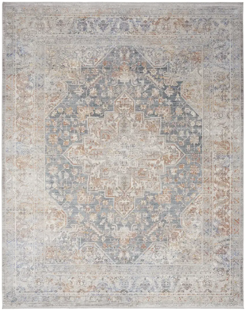 Ivory Blue And Brown Medallion Distressed Area Rug Photo 5