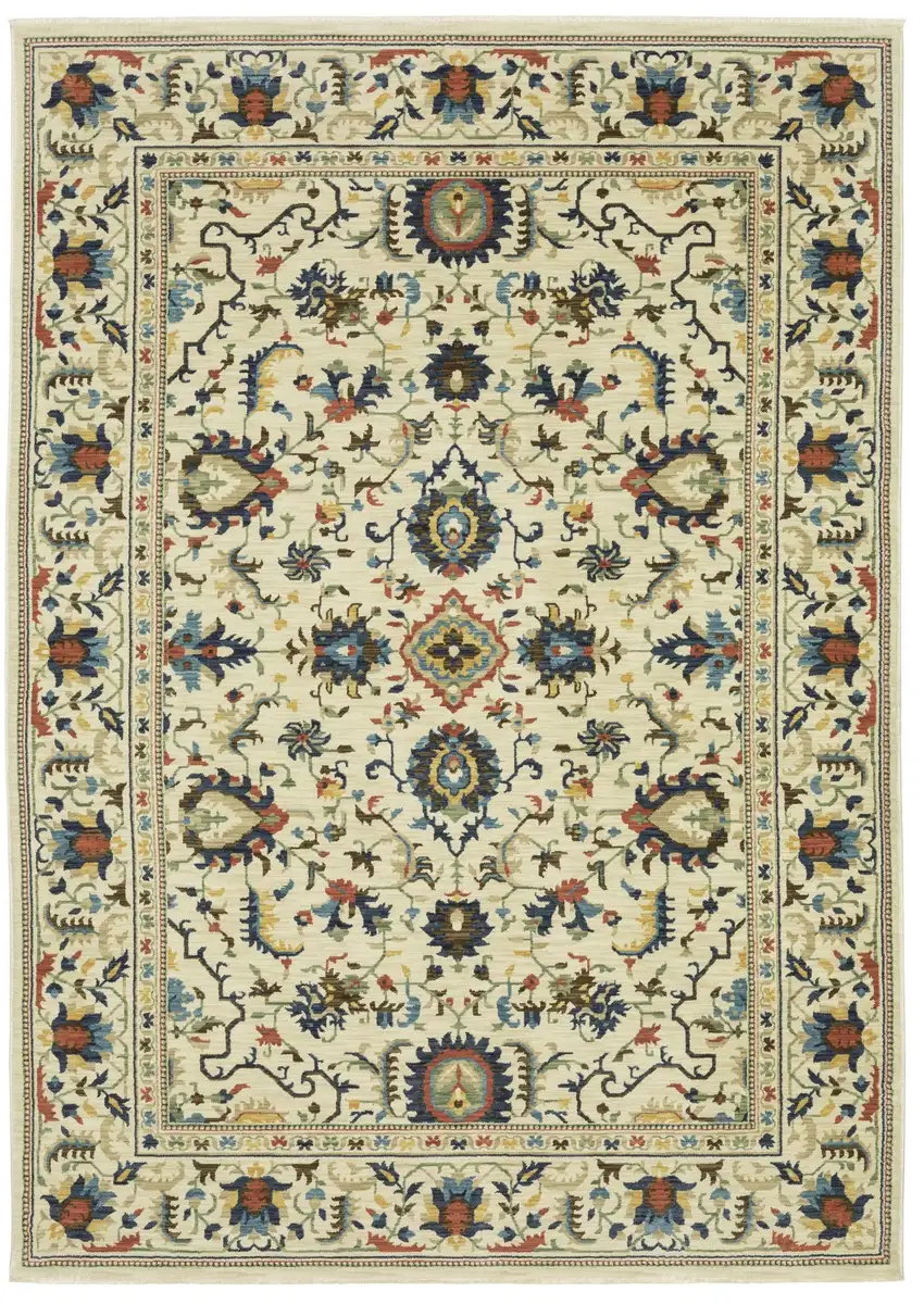 Ivory Blue And Brown Oriental Area Rug With Fringe Photo 2