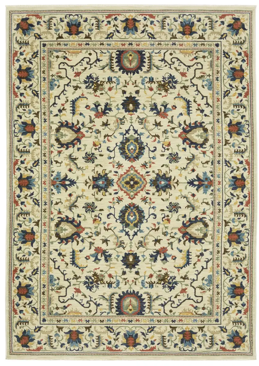 Ivory Blue And Brown Oriental Area Rug With Fringe Photo 5