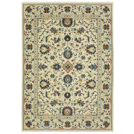Ivory Blue And Brown Oriental Area Rug With Fringe Photo 5