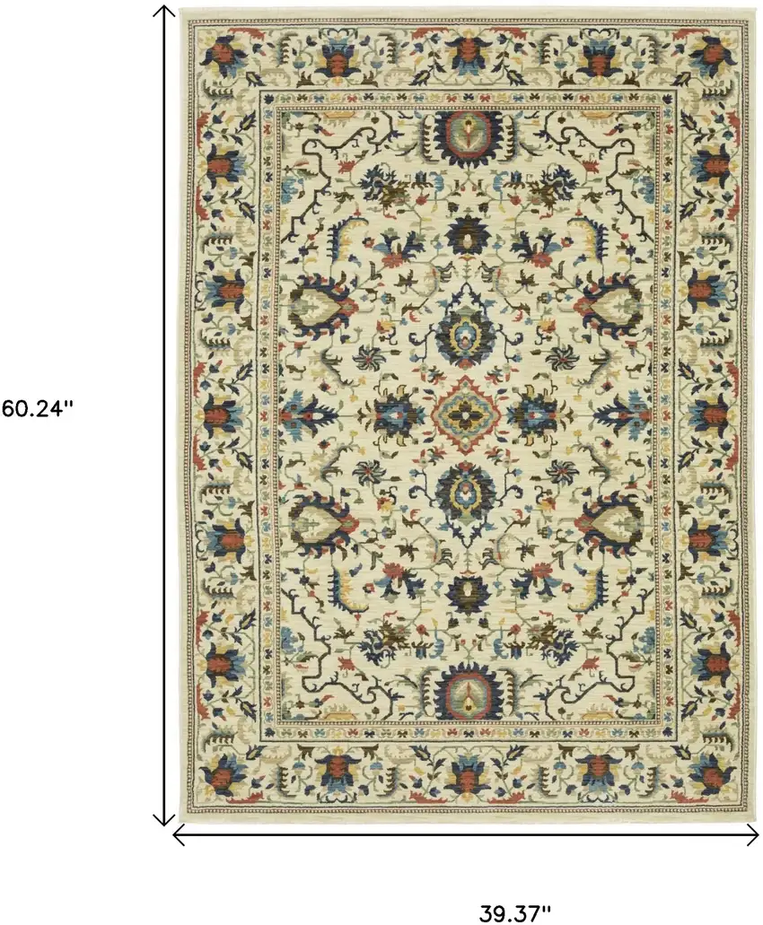 Ivory Blue And Brown Oriental Area Rug With Fringe Photo 3