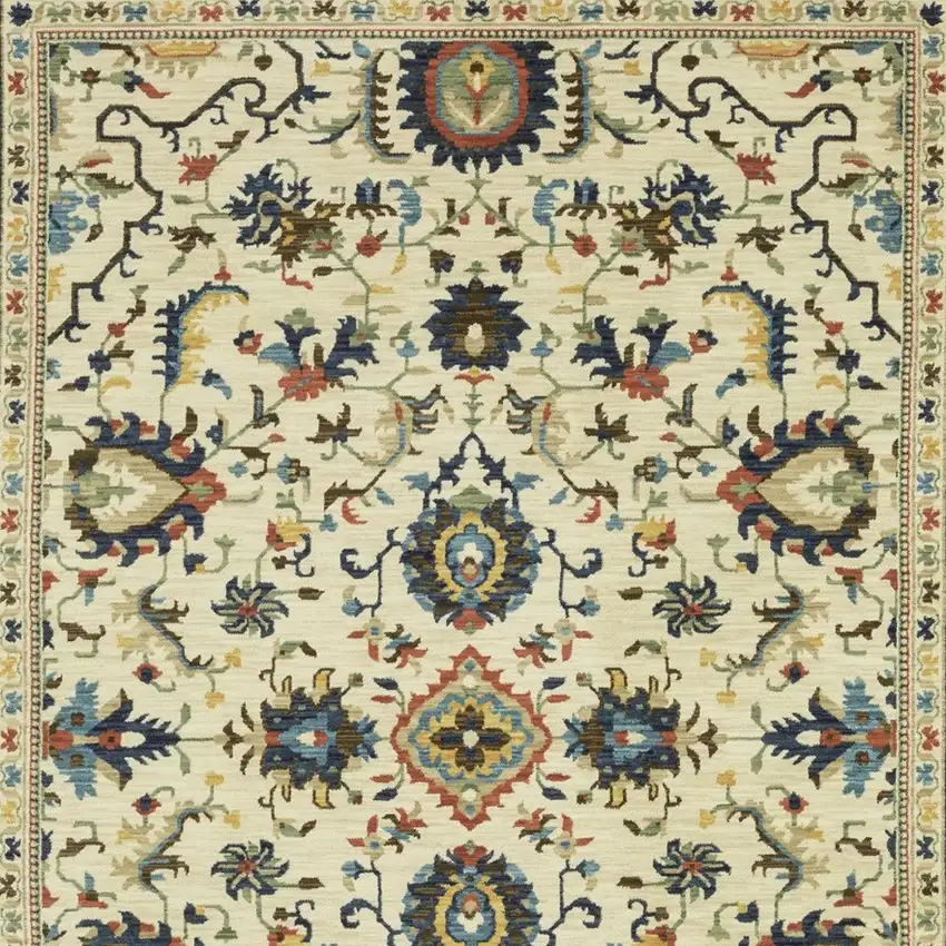 Ivory Blue And Brown Oriental Area Rug With Fringe Photo 8