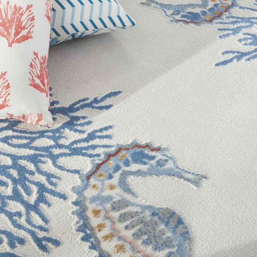 Ivory Blue And Brown Seashell and Coral Area Rug Photo 9