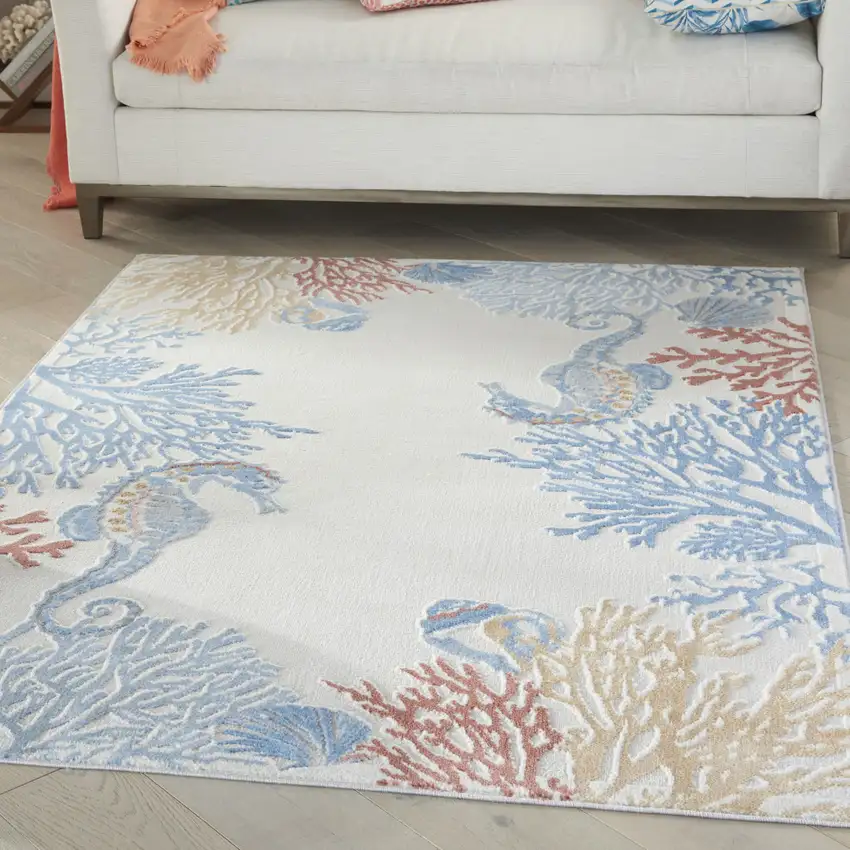 Ivory Blue And Brown Seashell and Coral Area Rug Photo 3