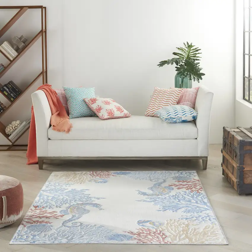 Ivory Blue And Brown Seashell and Coral Area Rug Photo 4