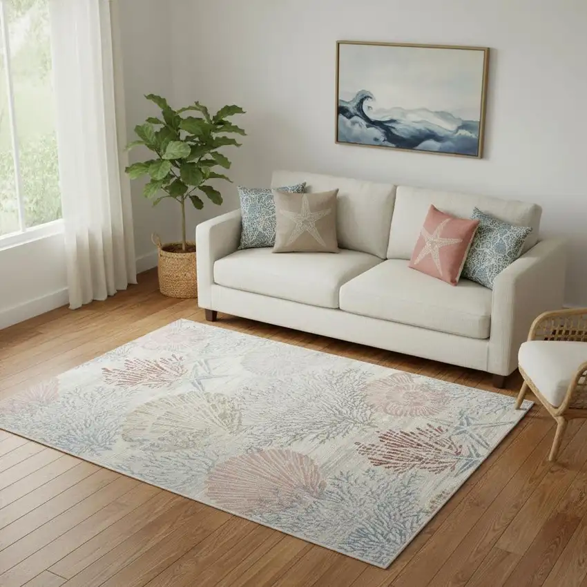 Ivory Blue And Brown Seashell and Coral Area Rug Photo 1