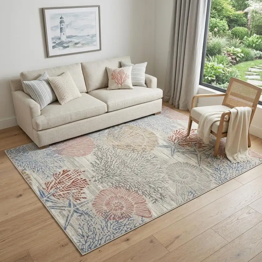 Blue Blush And Gray Seashell and Coral Area Rug Photo 1