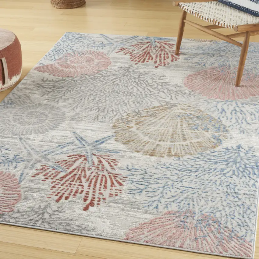 Ivory Blue And Brown Seashell and Coral Area Rug Photo 5