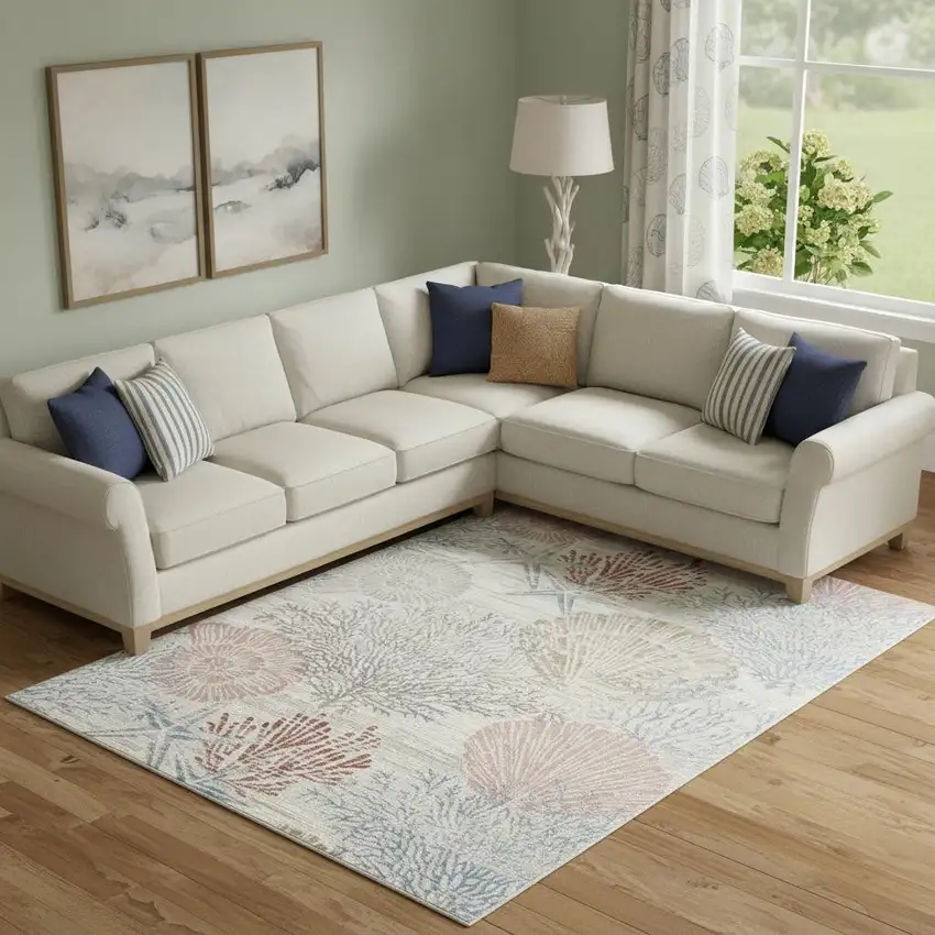 Ivory Blue And Brown Seashell and Coral Area Rug Photo 1