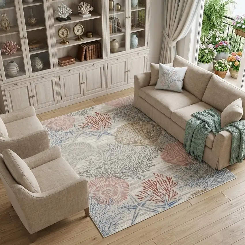 Blue Blush And Gray Seashell and Coral Area Rug Photo 1