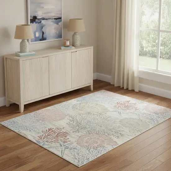 Ivory Blue And Brown Seashell and Coral Area Rug Photo 1