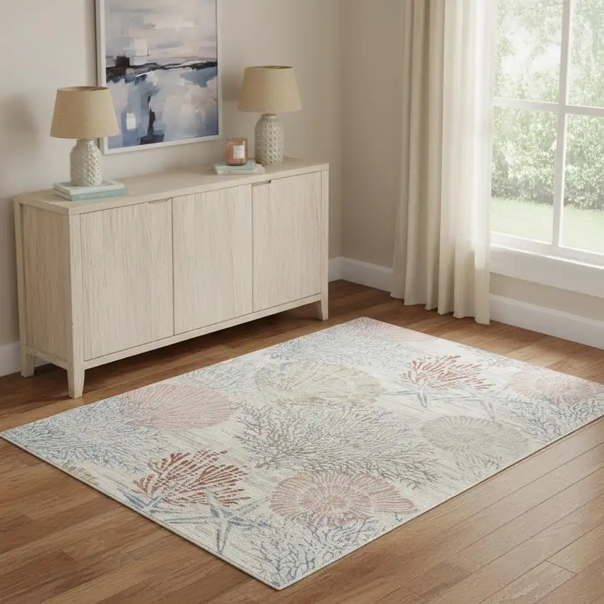 Ivory Blue And Brown Seashell and Coral Area Rug Photo 1