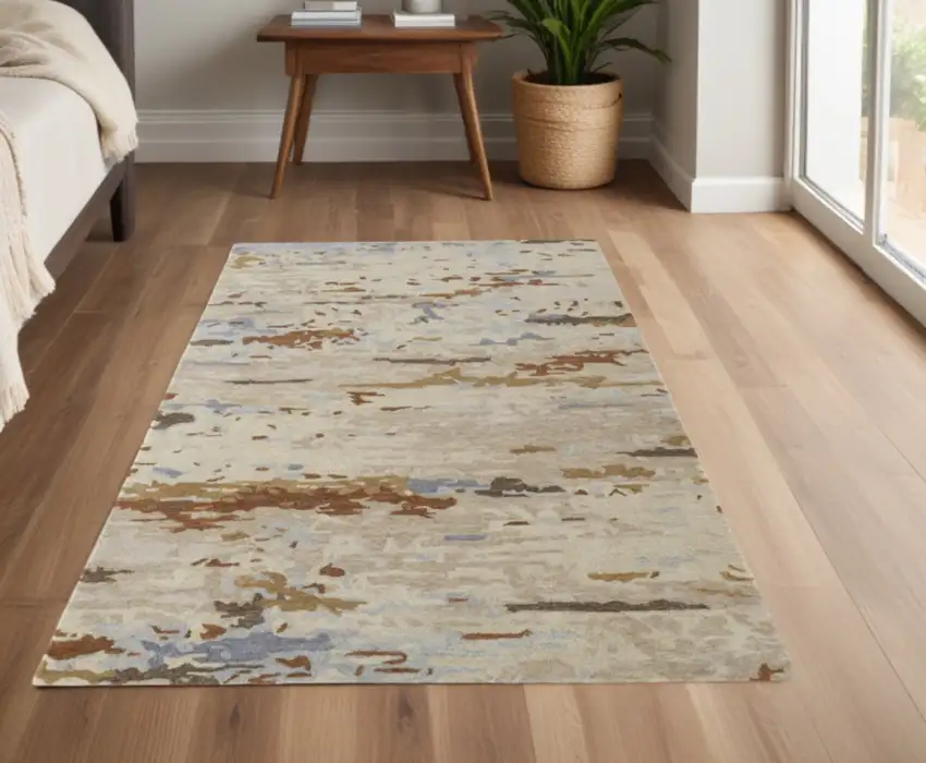 Ivory Blue And Brown Wool Abstract Tufted Handmade Stain Resistant Area Rug Photo 2
