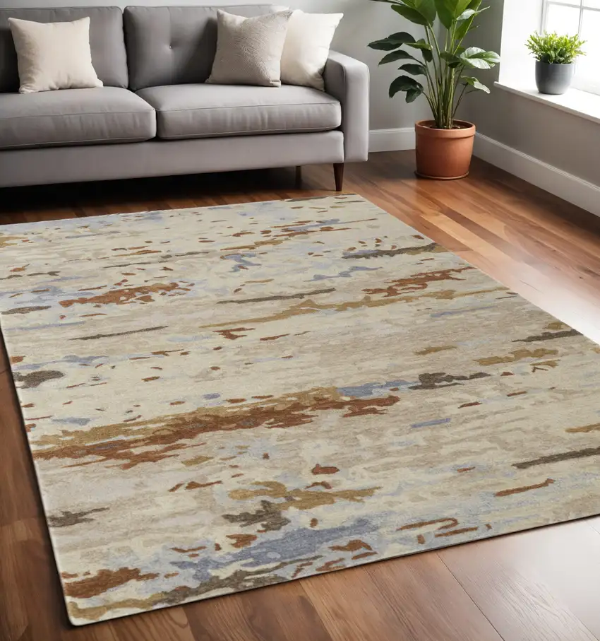 Ivory and Blue Wool Abstract Hand Tufted Area Rug Photo 1