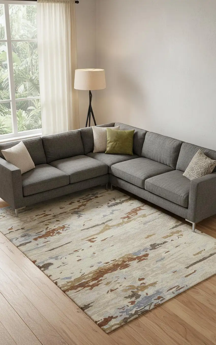 Ivory Blue And Brown Wool Abstract Tufted Handmade Stain Resistant Area Rug Photo 1