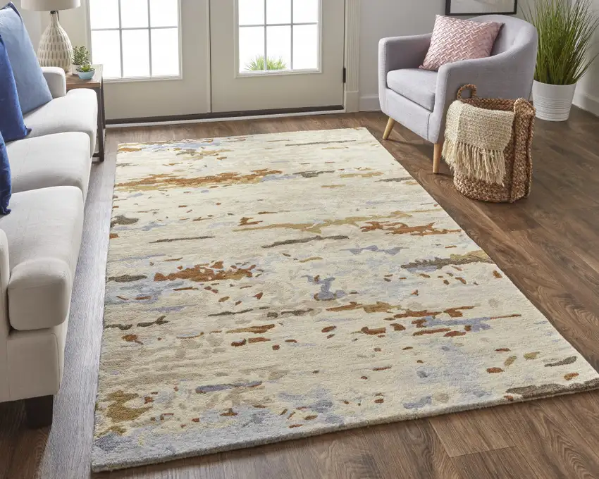 Ivory Blue And Brown Wool Abstract Tufted Handmade Stain Resistant Area Rug Photo 6