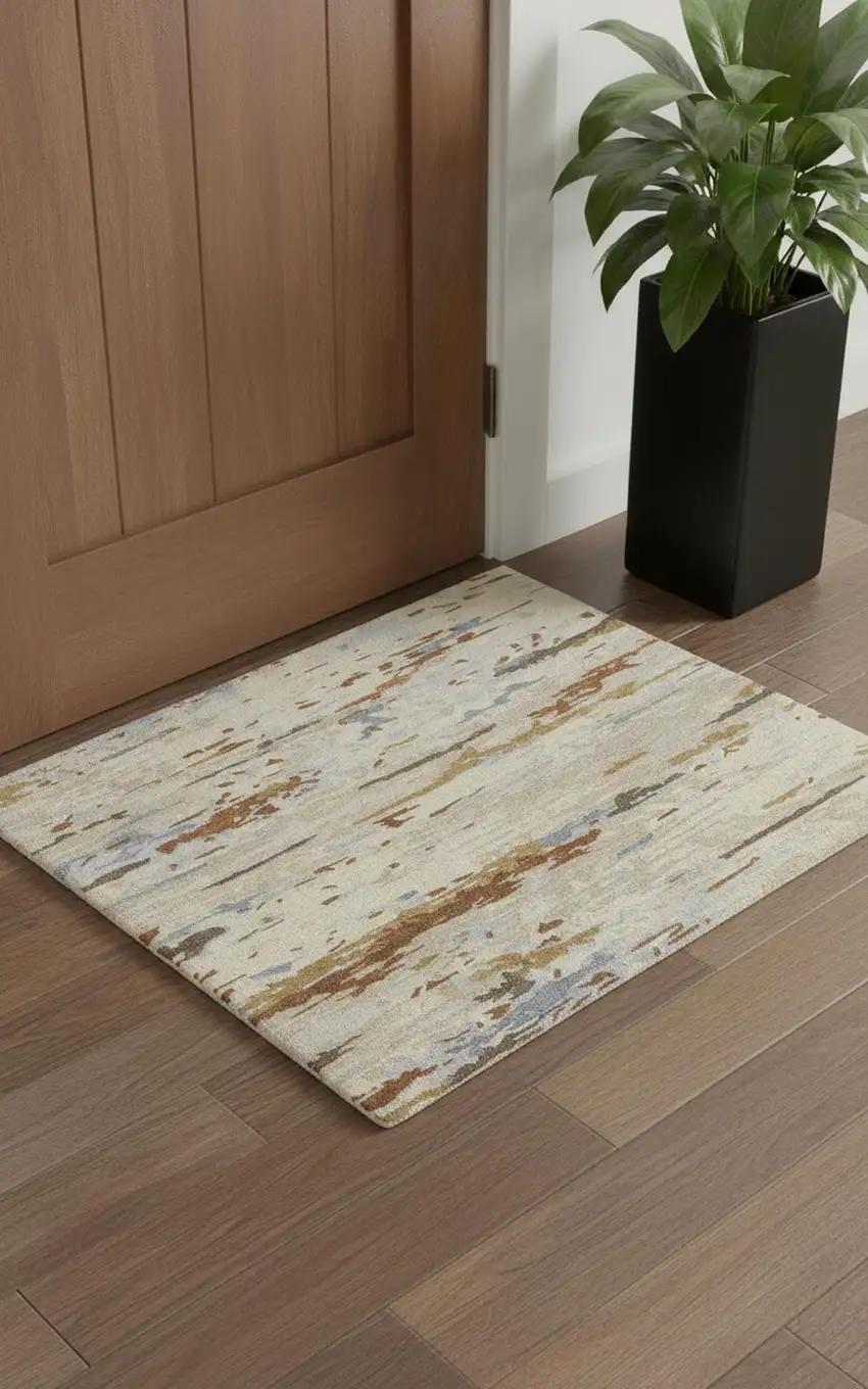 Ivory Blue And Brown Wool Abstract Tufted Handmade Stain Resistant Area Rug Photo 1