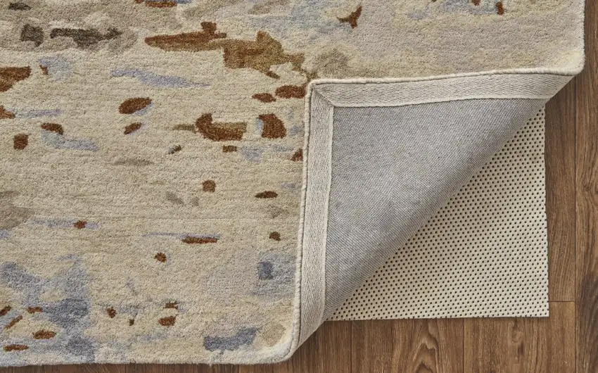 Ivory Blue And Brown Wool Abstract Tufted Handmade Stain Resistant Area Rug Photo 4