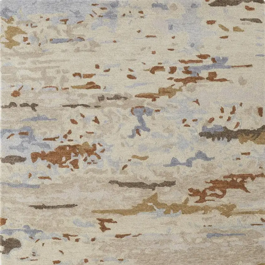 Ivory Blue And Brown Wool Abstract Tufted Handmade Stain Resistant Area Rug Photo 3
