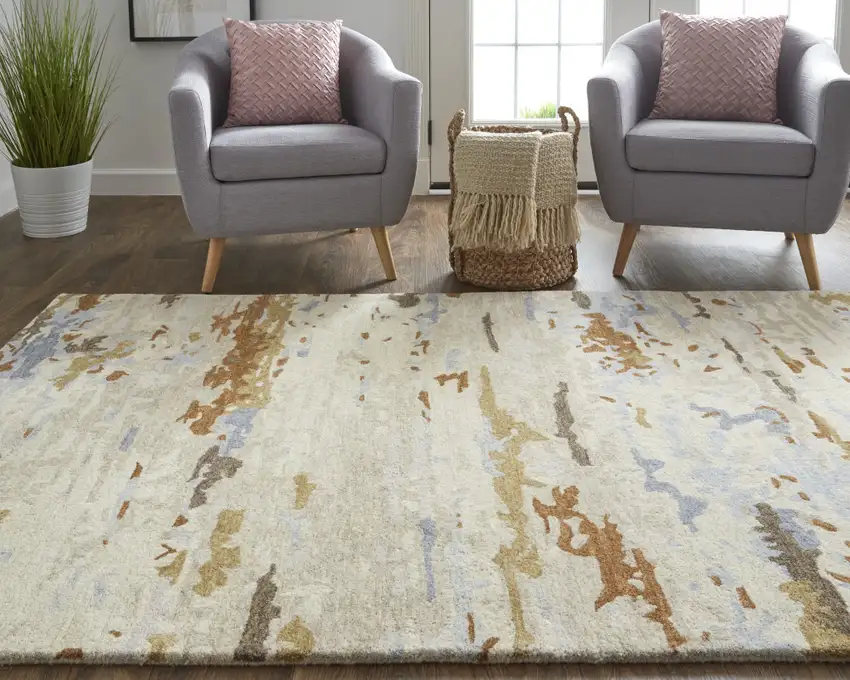 Ivory Blue And Brown Wool Abstract Tufted Handmade Stain Resistant Area Rug Photo 8