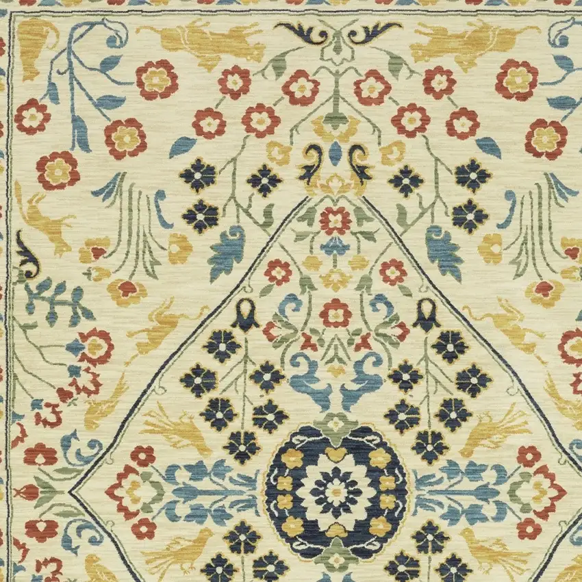 Ivory Blue And Burnt Orange Oriental Area Rug With Fringe Photo 7