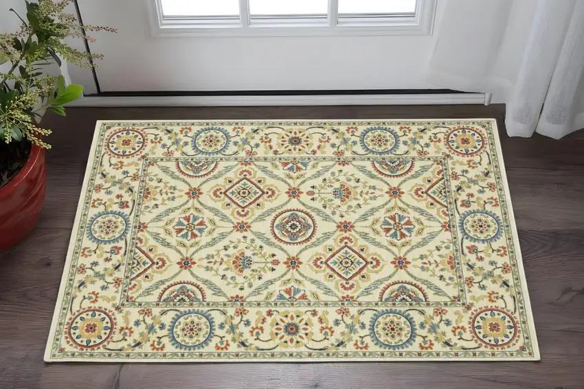 Ivory Blue And Burnt Orange Oriental Area Rug With Fringe Photo 1