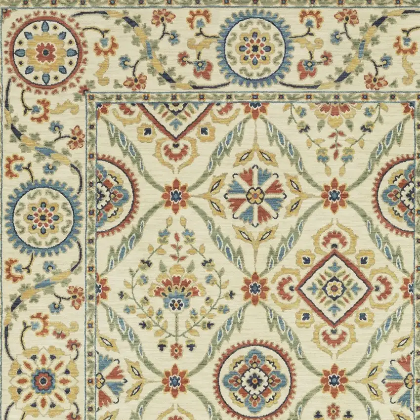 Ivory Blue And Burnt Orange Oriental Area Rug With Fringe Photo 7
