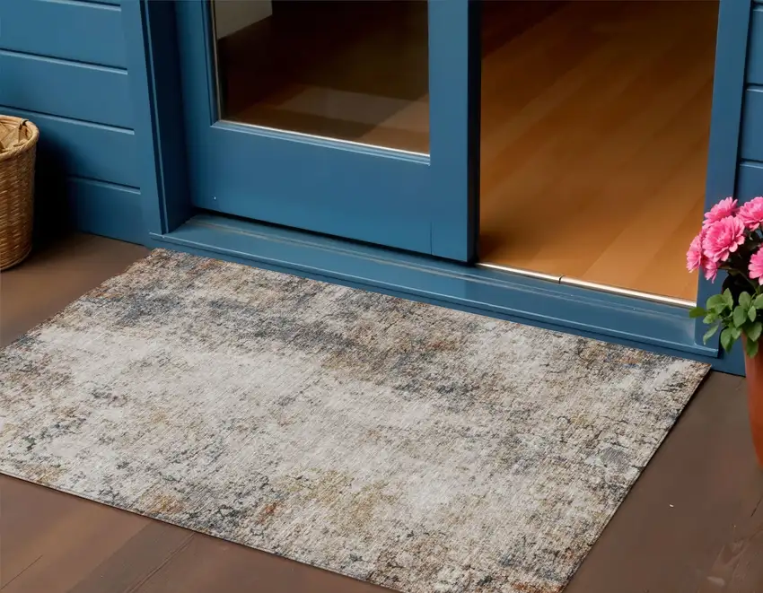 Ivory Blue And Copper Abstract Washable Indoor Outdoor Area Rug Photo 1