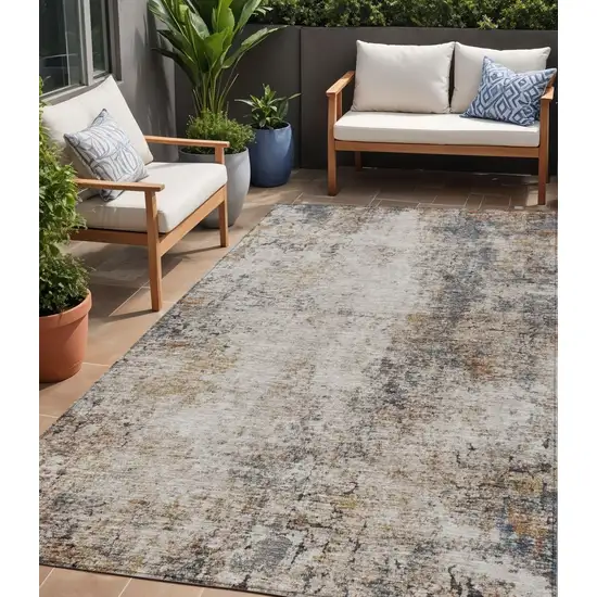 Ivory Blue And Copper Abstract Washable Indoor Outdoor Area Rug Photo 1