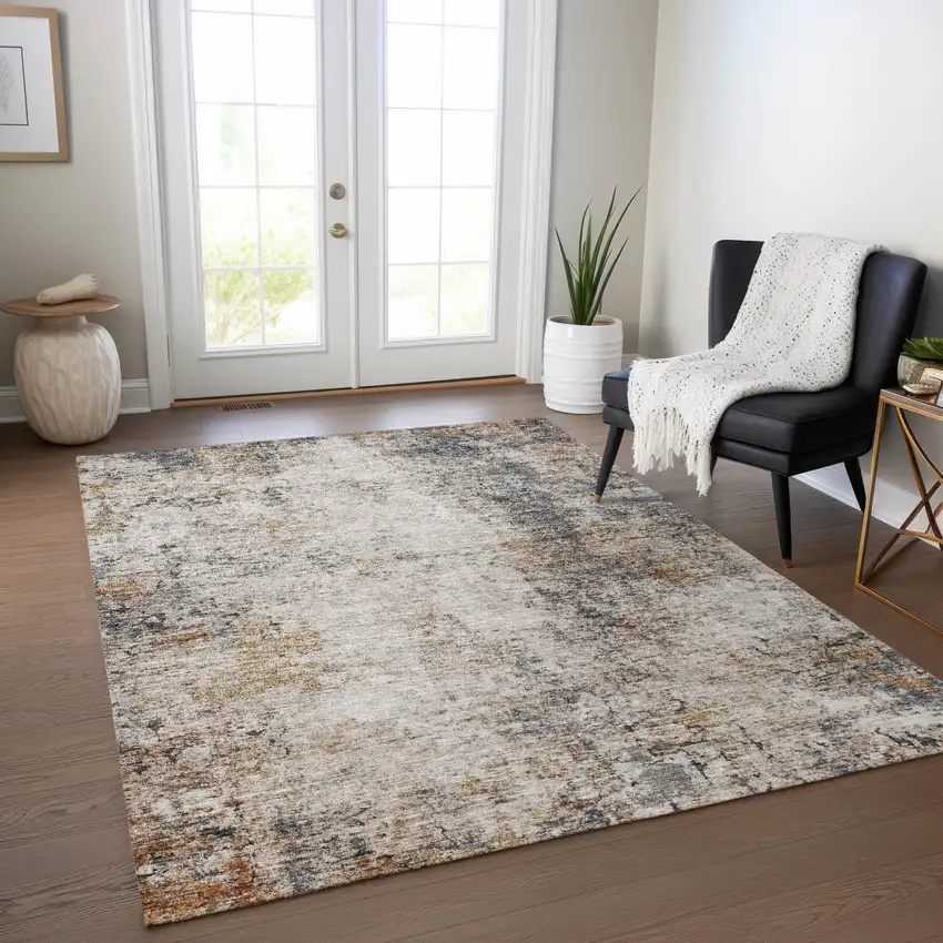 Ivory Blue And Copper Abstract Washable Indoor Outdoor Area Rug Photo 9