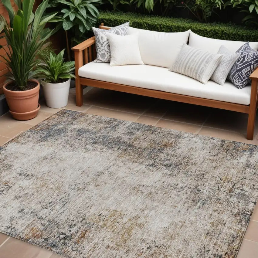 Ivory Blue And Copper Abstract Washable Indoor Outdoor Area Rug Photo 1